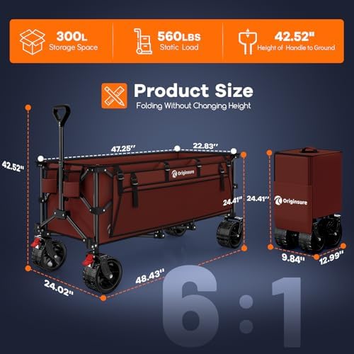 Originsure 300L Collapsible Beach Wagon Cart with Big Wheels, 560lbs, Red - Image 2
