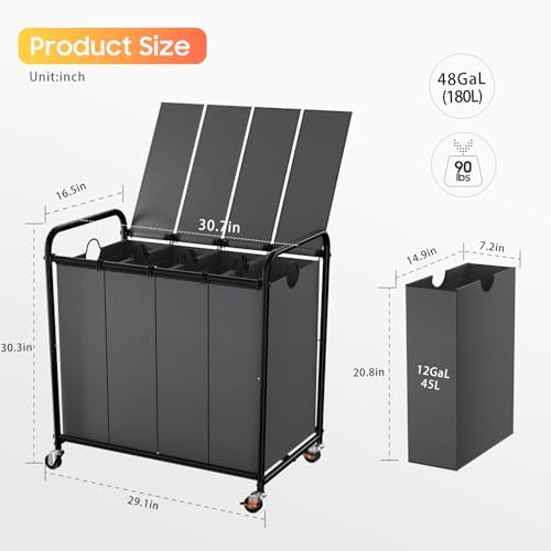 Laundry Sorter 4 Sections 48 Gal, Rolling Laundry Basket with Wheels ＆ Lid - Image 2