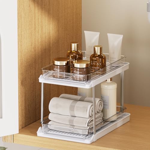 Delamu 2-Tier Bathroom Under Sink Organizers and Storage, Pull Out Cabinet Drawers with Anti-Slip Design, Multi-Purpose Storage for Kitchen, Pantry, Bathroom & Home Organization, White, 1 Pack by DELAMU
