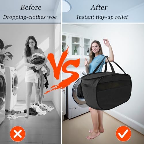 100L Extra Large Mesh Pop Up Laundry Hamper with Lid & Handles 2 Pack, XL Foldable Dirty Clothes Basket for Home Dorm Closet Storage, Portable Laundry Bin, Black. 2H - Image 7