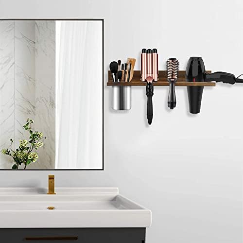 Hair Tool Organizer Wall Mounted - Wooden Dryer Holder, Blow Dryer Holder for Bathroom, Rustic Styling Tools Organizer for Flat Iron, Curling Wand, Hair Straighteners, Brushes, Brown - Image 2