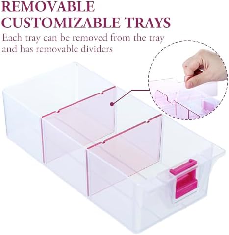 MyGift 11 Inch Clear Arts and Crafts Stackable Container, Sewing Supplies Storage Organizer Case with Pink Accents, 24 Customizable Compartments, and 6 Drawers with Removable Dividers - Image 3