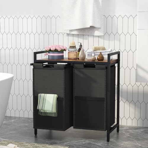 Huhote Laundry Hamper, double Laundry Basket, Laundry Sorter with Top Shelf & 2 Removable Washable Bags & Side Pockets for Laundry Room organization, Bathroom and Dorm, Rustic Brown and Black - Image 5