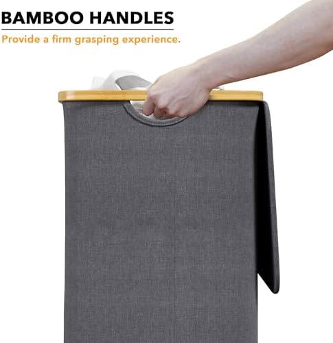 SpaceAid Laundry Hamper with Lid, 110L Large Tall Clothes Basket Bin with Bamboo Handles, Collapsible Laundry Hamper for Bedroom, Bathroom, Dorm, Laundry Room - Grey - Image 4