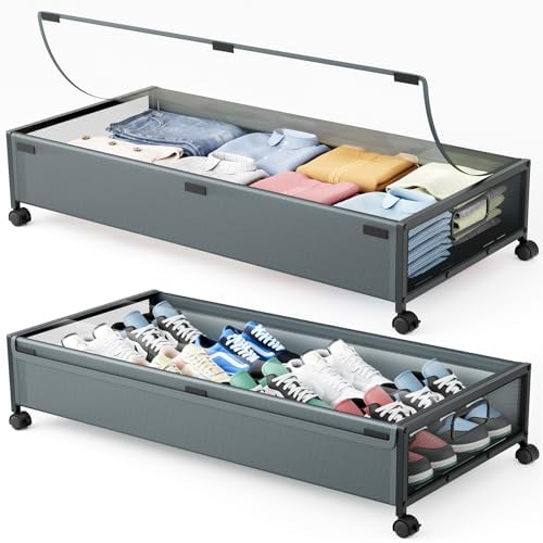Under Bed Storage Containers with Wheels 2 Pack Underbed Shoe Storage Bedroom Storage Bins Organizer Large Capacity Under Bed Storage with Lid for Clothes Shoes Toys Blankets (Cyan-gray) by LeArex