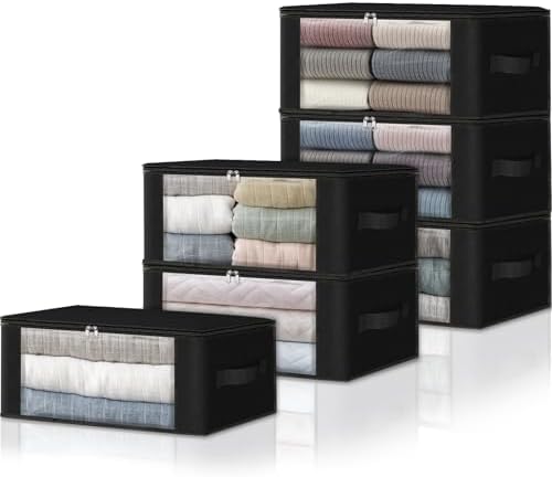 HomeHacks 6-Pack Clothes Organizer Storage Bags Foldable Storage Box with Large Clear Window Sturdy Handles for Closet, Dorm, Pillows, Bedding, Clothes, Stuffed Toys, Blankets, 35L, Black | Foldable Storage Box Container with Zippers, Clear Window, Rei... by HomeHacks