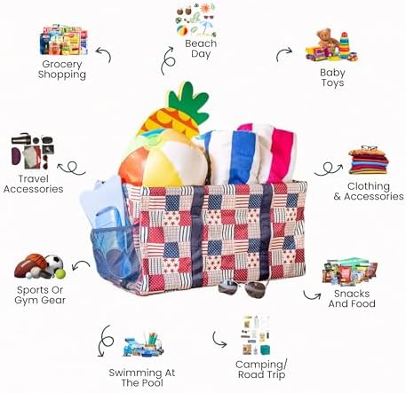 Extra Large Utility Tote Bag - Oversized Collapsible Reusable Wire Frame Rectangular Canvas Basket With Two Exterior Pockets For Beach, Pool, Laundry, Car Trunk, Storage - Patriotic Americana - Image 3