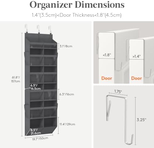 Lifewit 1 Pack Over the Door Organizer, 12 Section Clear Window Hanging Storage with 4 Side Pockets, Sturdy Anti Tilt 40 lbs Load Behind Door for Closet, Bedroom, Bathroom, Nursery, Dorm, Dark Gray - Image 2