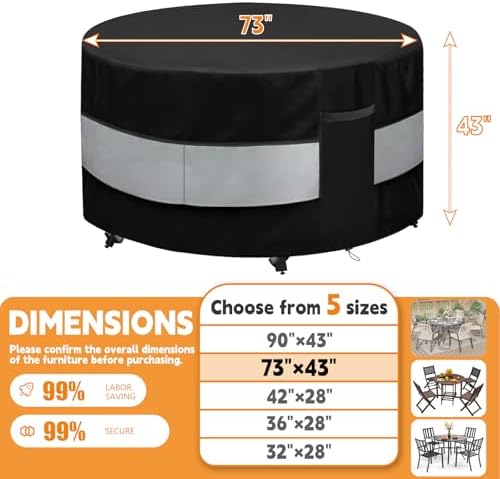 Round Patio Bar Height Table and Chair Cover Black Grey 73 x 43 Inch - Image 2