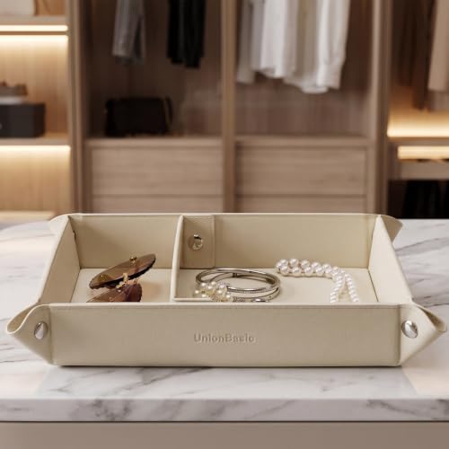 UnionBasic Medium Jewelry Tray for Rings Watches Earrings, Entryway Catchall Caddy for Coins Keys Change, Nightstand Bedside Valet Holder, Trays for Electronic Gadgets, Lychee Beige Plus - Image 4