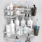 AKTECKE Corner Shower Caddy Shelf Rack: 2 Pack Adhesive Shower Organizer Essentials - No Drilling Stainless Steel Bathroom Storage Rack with Hooks and Toothpaste Holder - Image 2