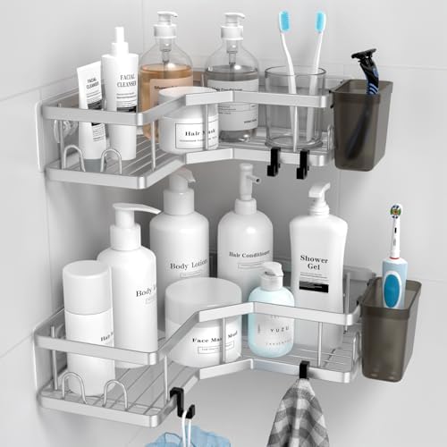 AKTECKE Corner Shower Caddy Shelf Rack: 2 Pack Adhesive Shower Organizer Essentials - No Drilling Stainless Steel Bathroom Storage Rack with Hooks and Toothpaste Holder - Image 2