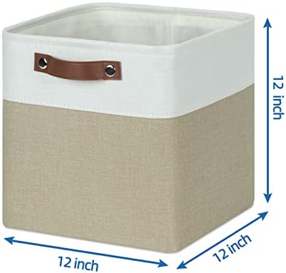 Temary Fabric Storage Baskets 12x12 Cube Bins 4 Pack Cloth Baskets for Shelf, Storage Cubes Bins Gift Empty (White&Khaki) - Image 2