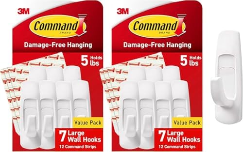 Command 5 lb Large Utility Hooks,7 Hooks and 12 Strips,Damage-Free Hanging Wall Hook with Adhesive Strips,No Tools Required,Great for Home Kitchen Office Organization,(Pack of 2) by Unknown