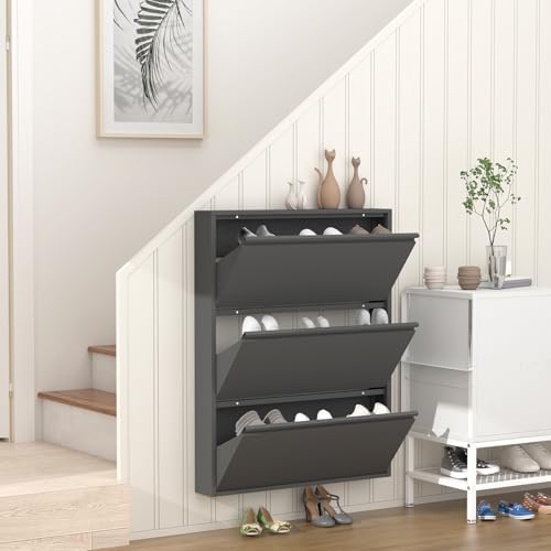 GREATMEET Slim Wall Mounted Metal Storage Cabinet with 3 Flip Drawers - Image 2
