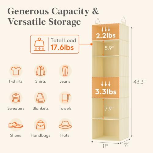 Lifewit Hanging Closet Organizer and Storage for Clothes 6 Tier | Portable, Foldable, Fabric, Top of Shelves with 2 Sturdy Hooks, Clothing Organization for Wardrobe, Dorm, Bedroom, Beige - Image 3