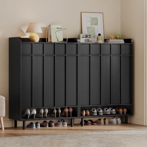 Shoe Cabinet Storage for Entryway with Doors, 6 Tier Fluted Shoe Organizer with Drawer & Adjustable Shelves, Freestanding Hidden Shoe Rack for Front Door Entrance, Black - Image 4