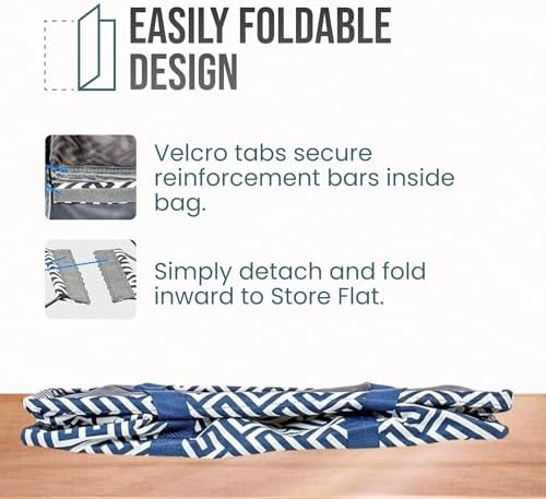 Extra Large Utility Tote Bag - Oversized Collapsible Reusable Wire Frame Rectangular Canvas Basket With Two Exterior Pockets For Beach, Pool, Laundry, Car Trunk, Storage - Geo Navy Blue - Image 6