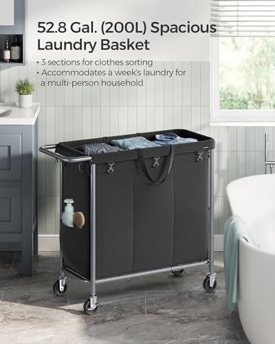 SONGMICS Laundry Basket with Wheels, 3-Section, 52.7 Gallons (199.5 L) - Image 3