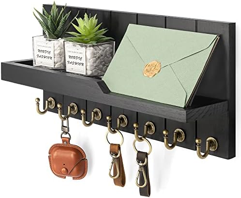 Rebee Vision Key Holder Wall Mount with 7 Hooks & Shelf for Entryway, Black by REBEEVISION