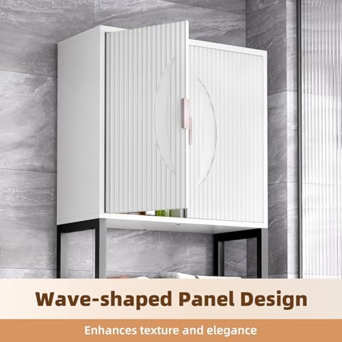 Kalrin Over The Toilet Storage Cabinet with Fluted Wave Doors and Adjustable Shelf, Wood Over Toilet Storage Rack with Drain Basket, Freestanding Bathroom Organizer for Balcony Laundry, White & Black - Image 5