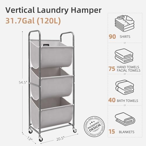 STORAGE MANIAC 120 Liters Vertical Rolling Laundry Hamper, 3 Section Laundry Sorter with Wheels and 2 Breaks, 3-tier Laundry Baskets for Small Space, Dorm, Laundry Room, Closet, Bathroom, Gray 3-tier - Image 6