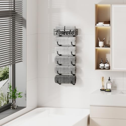 SWTYMIKI Hanging Towel Racks for Bathroom - 6 Tier Over The Door & Wall Mounted Bath Rolled Towel Storage Organizer Holder for Small Bathroom, RV, Camper, Black (Patented) - Image 5