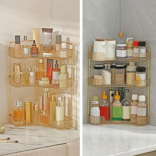 INVSSENE Corner Bathroom Countertop Organizer, Vanity Organizer Trays for Counter, Makeup Organizers, Perfume Tray, Skincare Shelf Storage Gifts for Women Girl Student (Yellow, 3 Tiers) - Image 6
