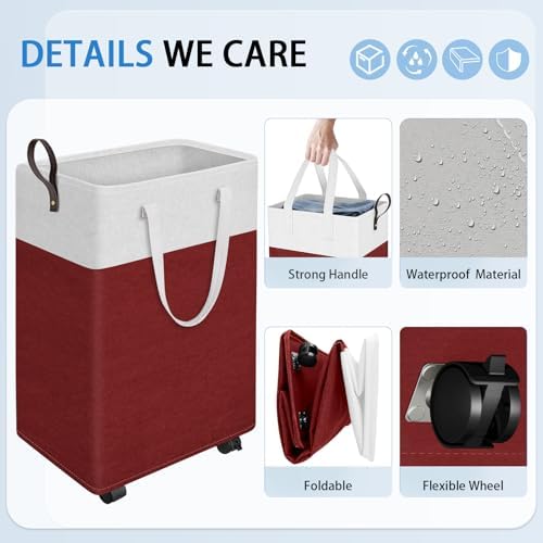 HomeHacks 75L Rolling Laundry Basket with 4 Wheels Collapsible Red - Image 3