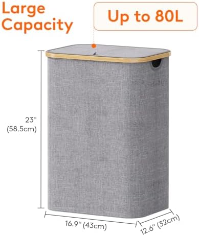 Lifewit 80L Large Laundry Basket with Lid, Removable Bags, Light Gray - Image 4