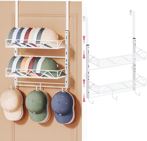 SWTYMIKI Over Door Hat Organizer - 3 Tier Wall Mounted Hat Rack with 2 Adjustable Metal Basket and 3 Hooks, Hanging Baseball Cap Organizer Storage Holds up to 29 Caps for Door, Bedroom, Closet by SwtyMiki-TidyHomeSweetLife