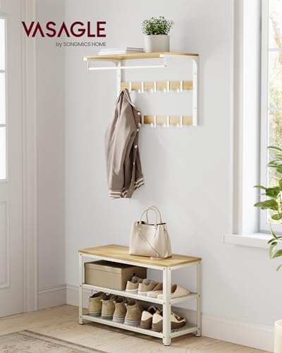 VASAGLE 3-Tier Shoe Rack, Storage Bench with Metal Mesh Shelves and Seat - Image 2