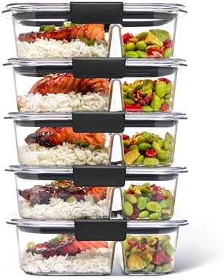 Rubbermaid Brilliance Meal Prep Containers, 2-Compartment Food Storage Containers, 2.85 Cup, 5-Pack, BPA-Free, Clear/Grey by Unknown