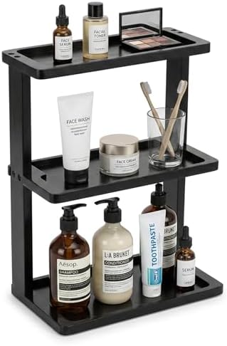 PEKER Bamboo Bathroom Organizer Countertop – Vanity Storage Shelf for Makeup, Perfume, Skincare – Natural Cosmetics Display Rack for Dresser, Sink, Kitchen – Black by Unknown