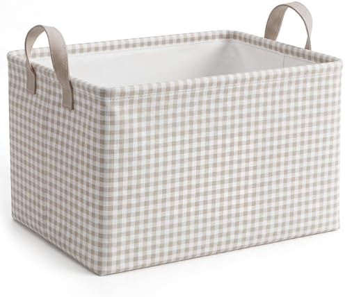 Hushee Khaki Gingham Basket Checkered Storage Collapsible Bin with Handles by Hushee