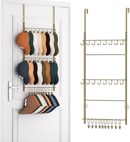 HapiRm Over Door Hat Rack - 3 Tier Wall Mounted Hat Organizer with 16 Hooks and 10 Movable Clips, Baseball Cap Organizer Storage Holds up to 26 Caps for Door, Bedroom, Closet USPTO Patent Pending by HapiRm