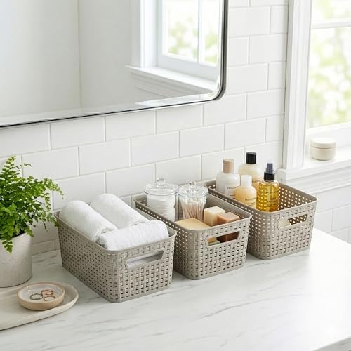 BINO | Plastic Storage Baskets, 5.5 Liter - 3 Pack, Natural Grey | THE WOVEN COLLECTION | Storage Basket for Shelves | Woven Storage Baskets for Organizing Bins Pantry Shelf Organizer | Container Bin - Image 3