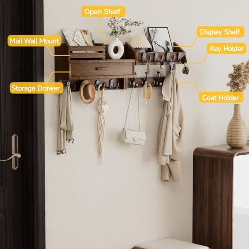 Solid Wood Wall Mounted Coat Rack with Shelf & Drawer - Image 4