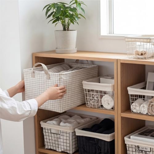 Hushee Khaki Gingham Basket Checkered Storage Collapsible Bin with Handles - Image 3