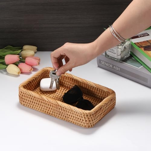 Hipiwe Natural Rattan Tray Key Basket for Entryway Rectangle Wicker Trays - Image 2
