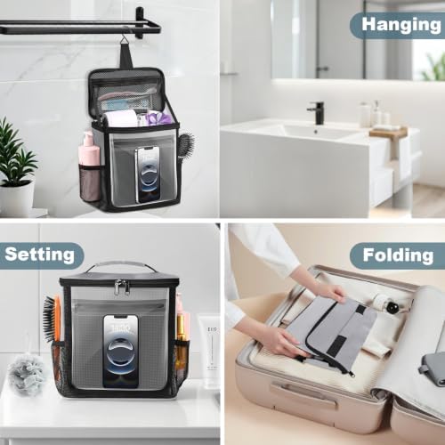 Portable Hanging Shower Caddy, Large Capacity Travel Toiletry Bag for Men & Women, Bath Organizer with Hook & Waterproof Phone Compartment, for Gym, Travel, Dorm, Picnic, Bathroom(Grey) - Image 4