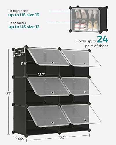 SONGMICS Shoe Rack, 6-Tier with Doors, 24-Pair Storage Cabinet | Shoe Organizer, Steel Frame, Plastic Panel, Bedroom, Entryway, Ink Black and Transparent, DAMION Collection ULPC033B01 - Image 3