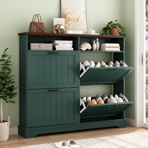 Hidden Shoe Storage Cabinet with 4 Flip Drawers & Open Storage by WINWY