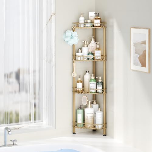 SWTYMIKI Standing Shower Caddy Corner - 4‑Tier Stainless Steel Shower Organizer Shelf with 12 Hooks and Adhesive Pads, Rustproof Corner Shelves Stand Rack for Bathroom Shower Room, Gold - Image 5