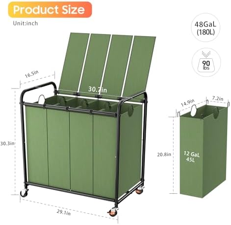 Laundry Sorter 4 Sections 48 Gal, Rolling Laundry Basket with Wheels ＆ Lid - Image 2