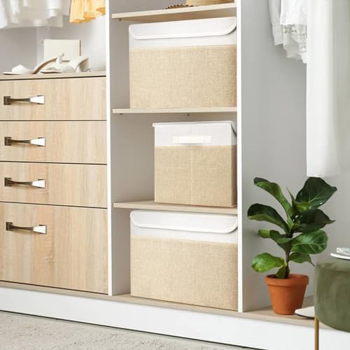 Bagnizer Large 42 Quarts Fabric Storage Bins with Lids [2-Pack] Linen Collapsible Foldable Baskets, Closet Organizer Containers boxes with Handles for Home Office (16.7 x 12 x 12, Beige & White) - Image 7