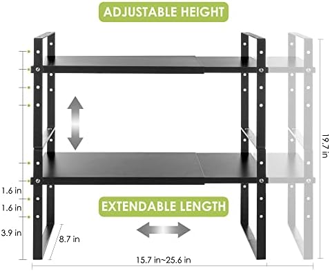 Across-Star Expandable Cabinet Shelf Organizer Rack, Stackable Kitchen Countertop Organizer Storage Shelves, Adjustable Height Pantry Counter Shelf Riser Spice Rack (Black, 2 Pack) - Image 5