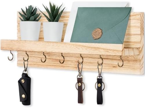 Lwenki Decorative Key Holder for Wall with Shelf, Entryway Shelf with Hooks Holds Leashes, Jackets and Glasses – Sturdy Wood Keyholder Entrance Hanger with Mounting Hardware (Wood, Large) by Lwenki