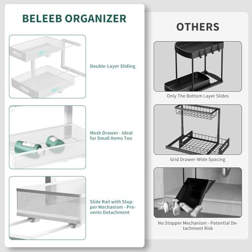 Under Sink Organizer, Extra-Wide Upgrade, 2 Pack 2 Tier Metal Slide Out Cabinet Organizer, Height Adjustable Organization and Storage Series, Bathroom/Cabinet/Kitchen organization, White - Image 6