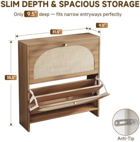 Nicetree Rattan Arched Accent Shoe Storage Cabinet - Freestanding Ultra Slim for Entryway, 2 Flip Drawers & 3-Tier Adjustable Shelves, Farmhouse Modern Rustic Shoe Rack for Hallway, Foyer, Living Room - Image 2
